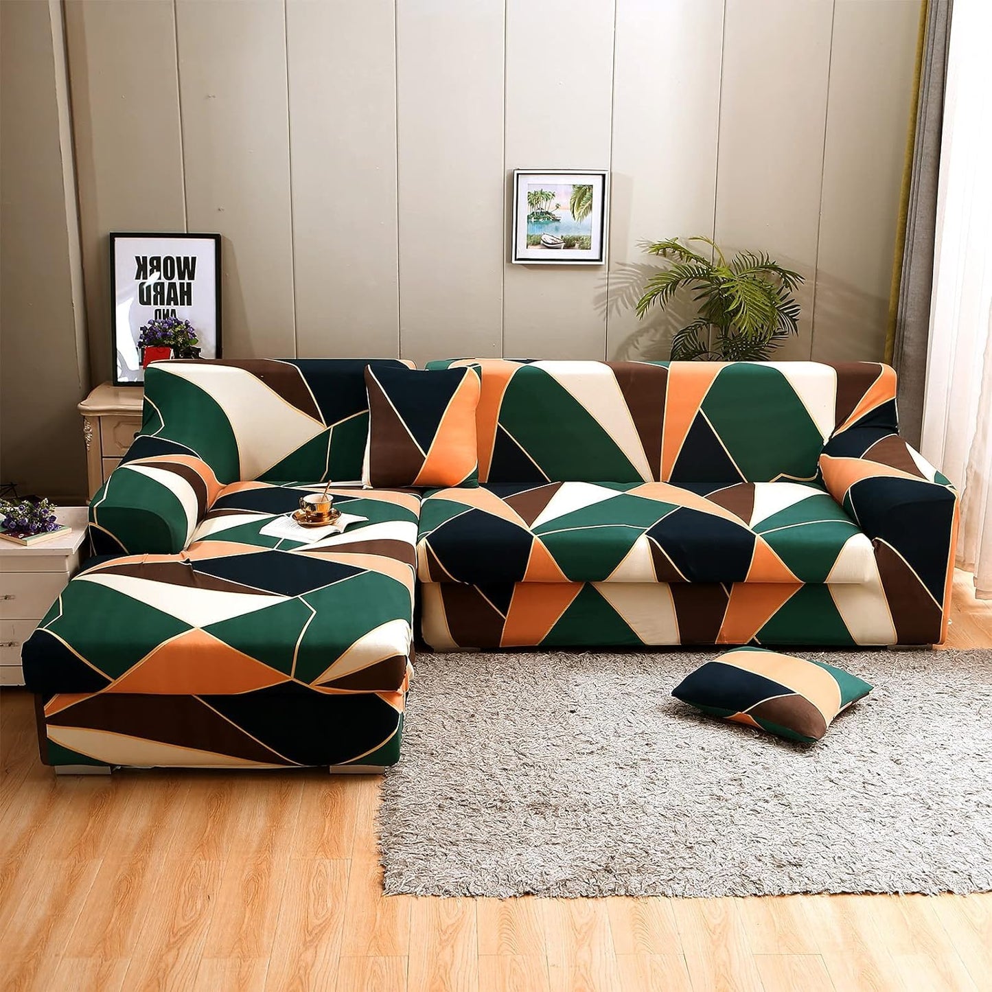 Sofa Covers L - Shape Slipcover 2pcs Elastic L-Type Chaise Sofa Furniture Protector (Green Peach Prism)